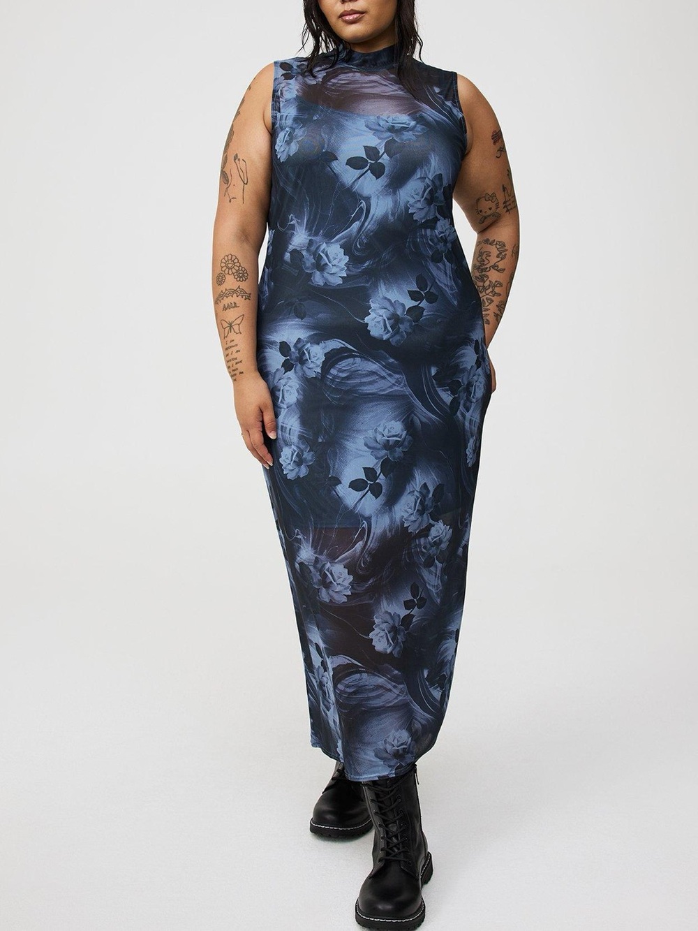 Torrid Smoke Show Floral Blue Mesh Mock-Neck Column Dress Size 1X NWT